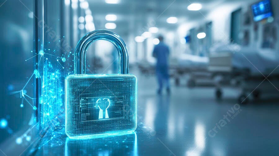 Cadeado digital azul protegendo dados em corredor de hospital claro