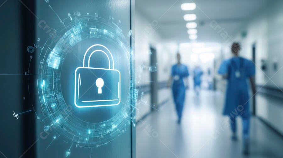 Cadeado digital azul em corredor de hospital com profissionais de saúde