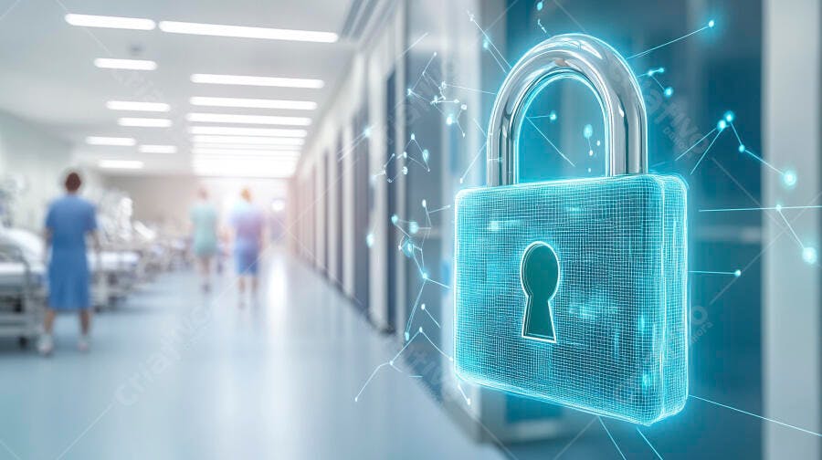 Cadeado digital azul segurança de dados em corredor de hospital com profissionais de saúde