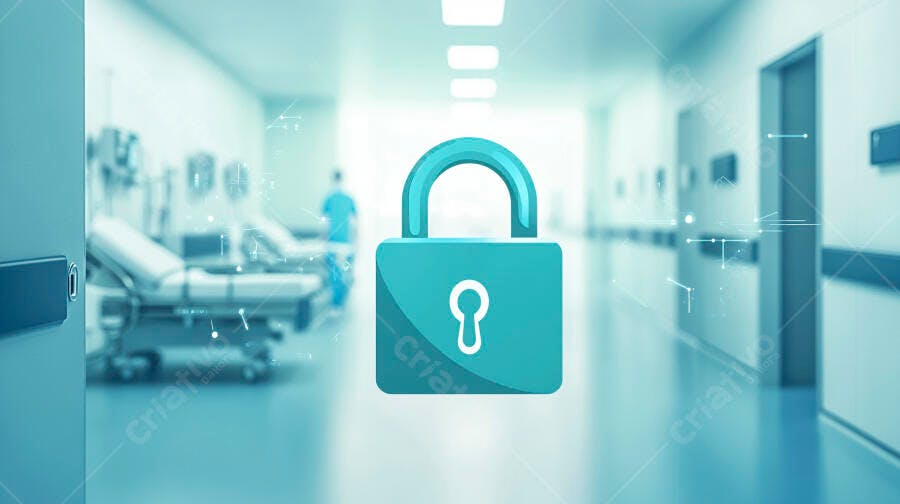 Cadeado digital em corredor de hospital segurança de dados médicos