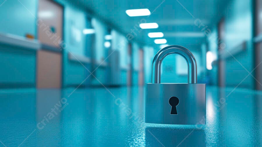 Cadeado de metal prateado em corredor hospitalar azul claro segurança