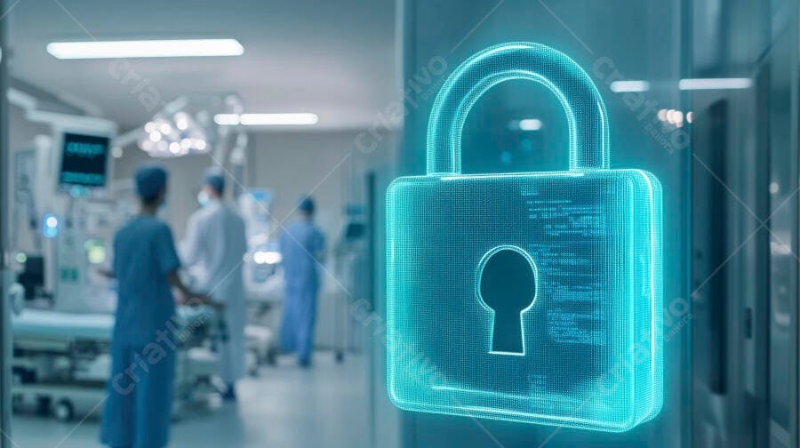 Cadeado digital azul neon segurança de dados médicos em hospital com equipe de saúde
