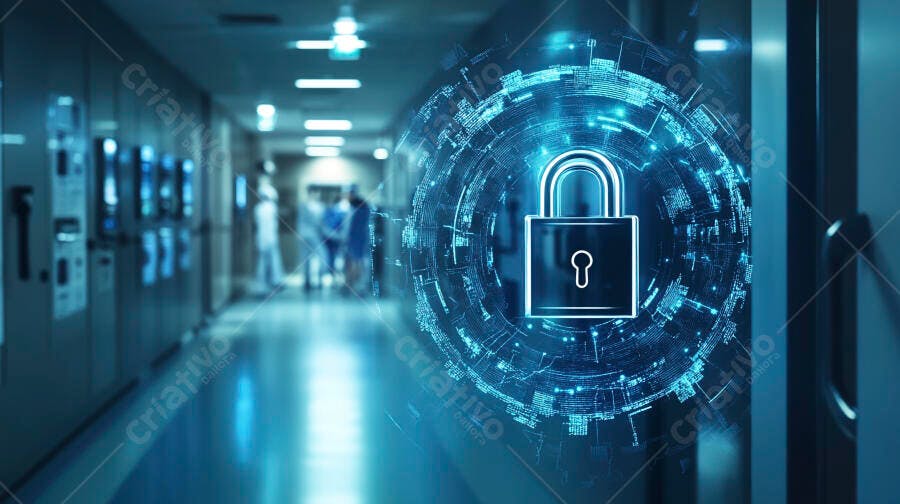 Cadeado digital brilhante em azul sobre corredor de hospital com profissionais de saúde