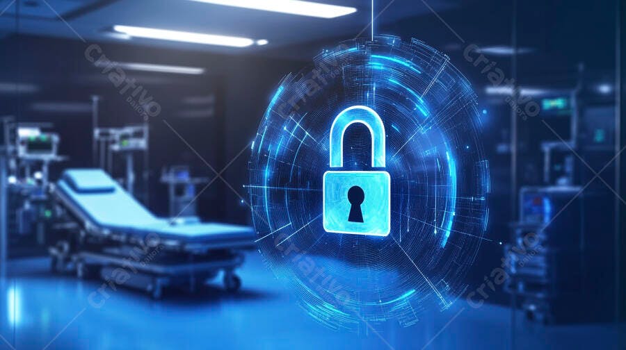 Cadeado digital azul protegendo dados médicos em ambiente hospitalar moderno