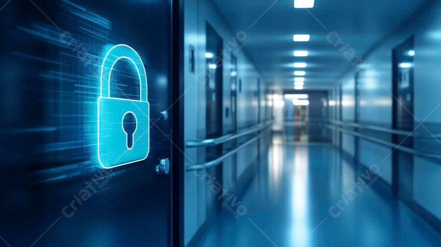Cadeado digital azul em corredor futurista de segurança cibernética