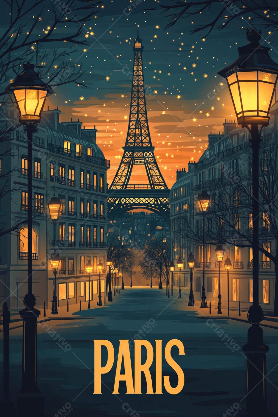 Torre Eiffel Paris noite rua iluminada edifícios clássicos céu azul e laranja