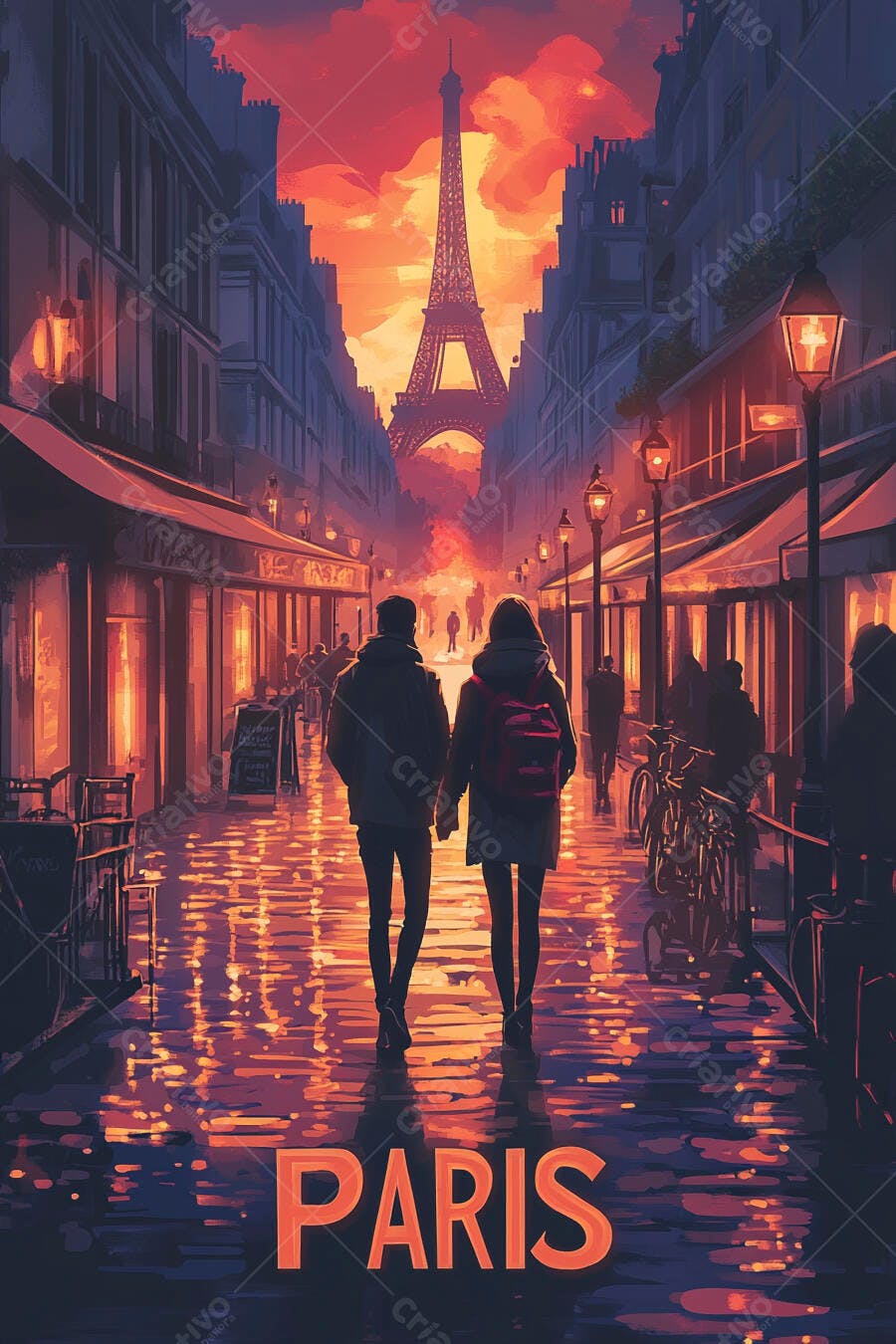Casal caminhando em rua molhada de Paris com Torre Eiffel ao pôr do sol