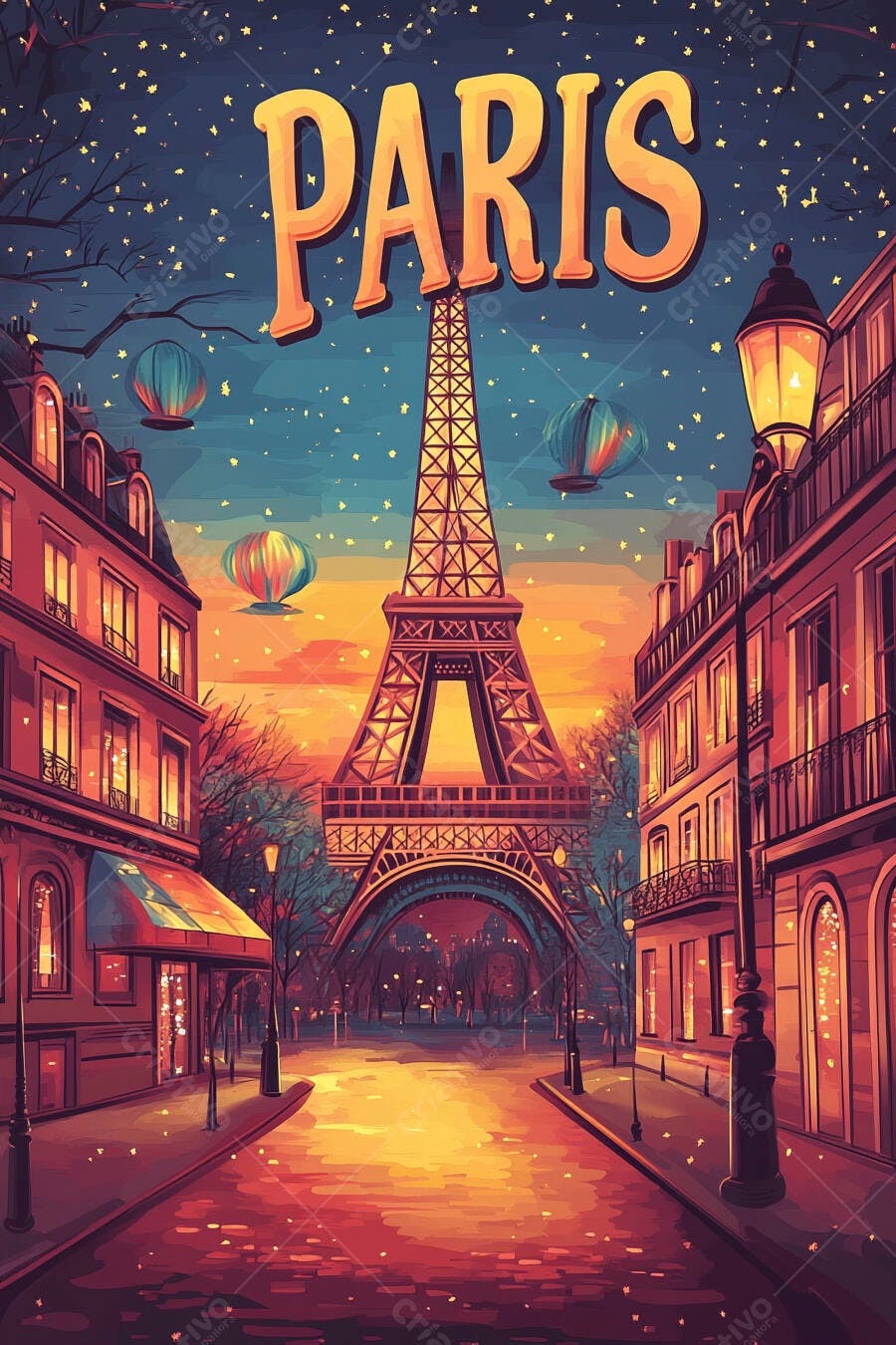 Paris ilustração noturna com Torre Eiffel balões de ar quente e céu estrelado