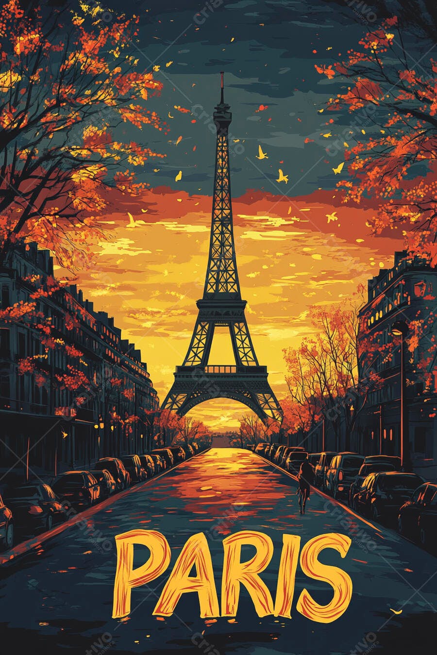 Torre Eiffel ao pôr do sol em rua parisiense outonal