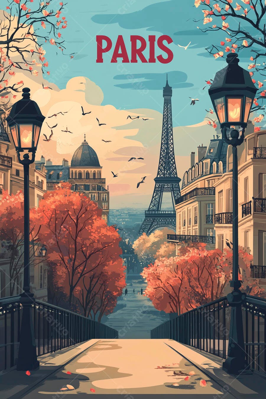 Paris outono Torre Eiffel e pontes com árvores alaranjadas e lampiões acesos