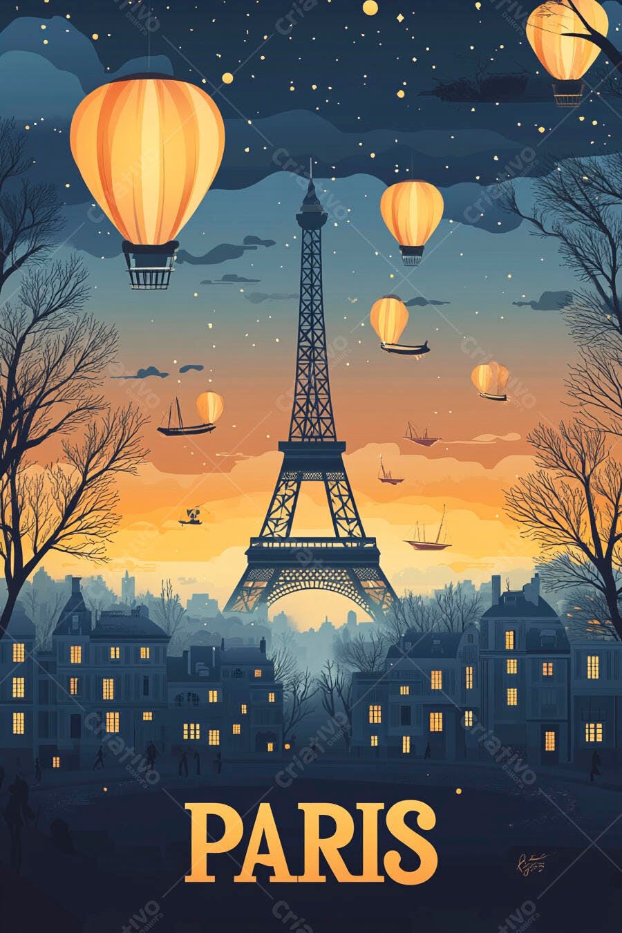 Torre Eiffel em Paris ao entardecer com balões de ar quente e céu estrelado