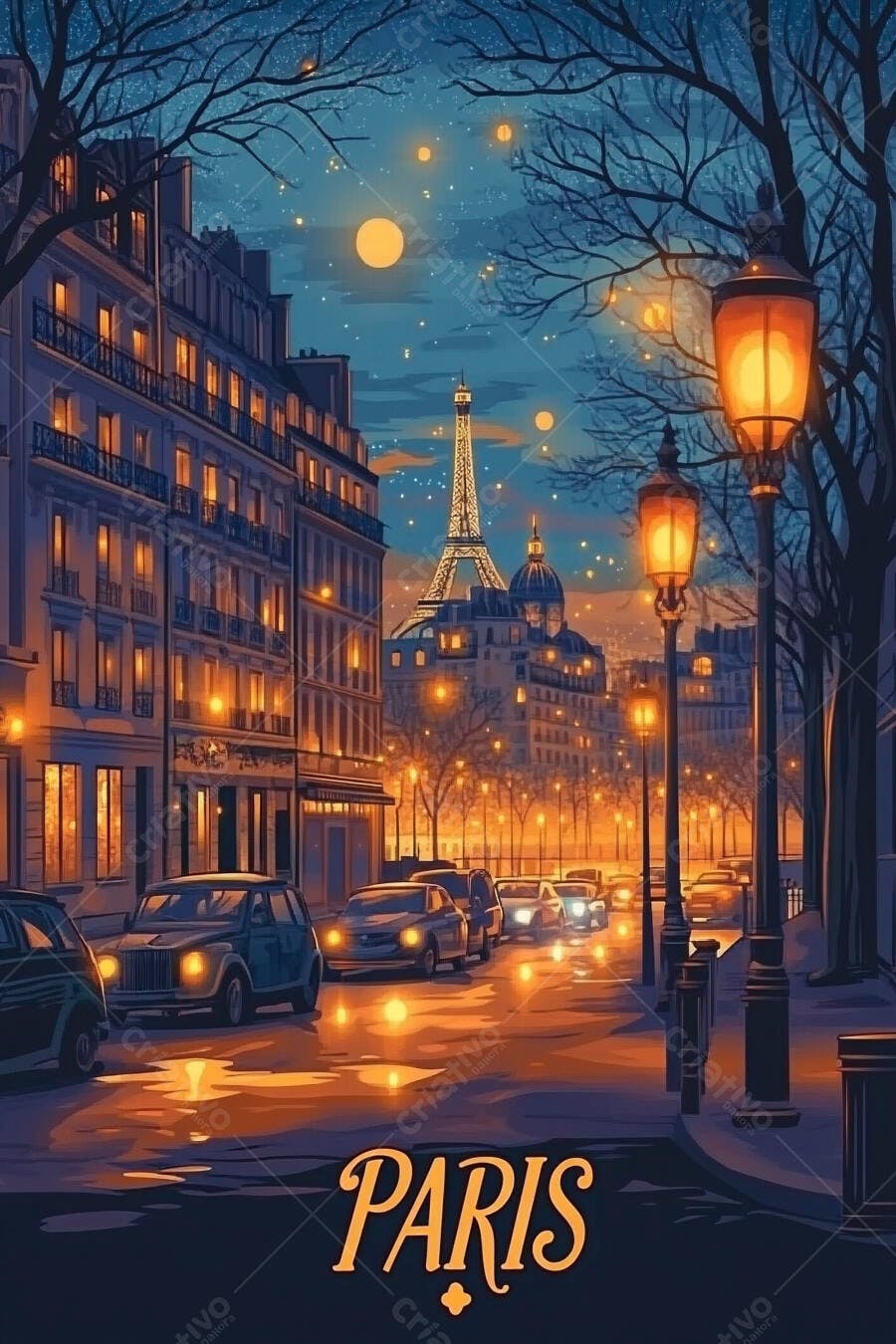 Rua de Paris à noite com Torre Eiffel e luzes laranjas