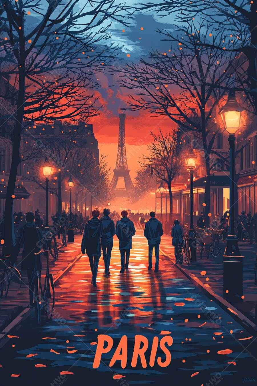 Caminhantes na rua de Paris ao pôr do sol vibrante com Torre Eiffel iluminada