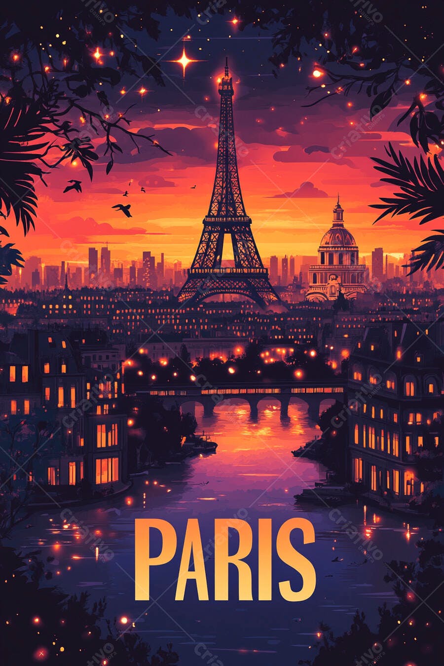 Torre Eiffel paisagem noturna de Paris ao pôr do sol com rio e luzes brilhantes