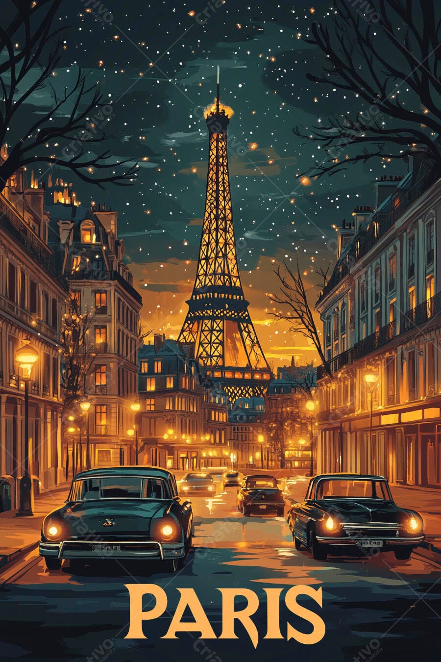 Torre Eiffel iluminada em rua parisiense com carros antigos à noite