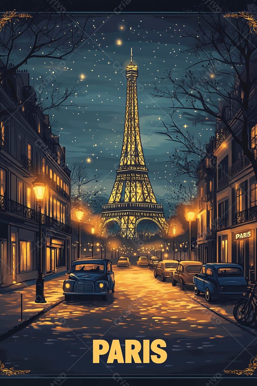 Torre Eiffel iluminada em rua de Paris com carros vintage à noite