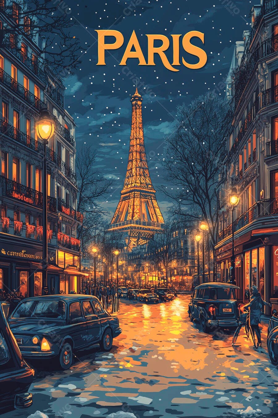 Torre Eiffel iluminada em Paris à noite, rua molhada com luzes quentes e carros antigos