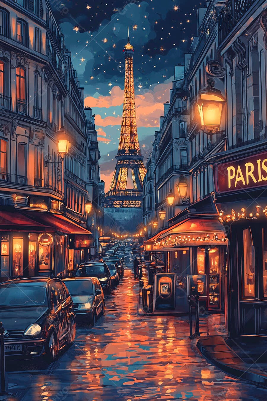 Rua de Paris à noite com Torre Eiffel iluminada e reflexos na rua molhada