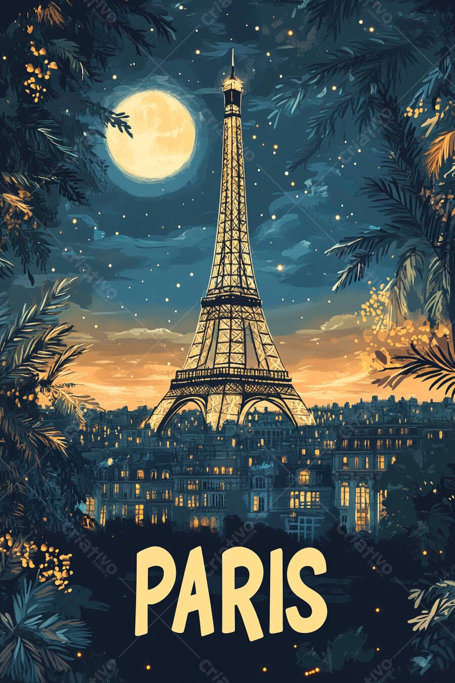 Torre Eiffel iluminada sob lua cheia na cidade de Paris à noite