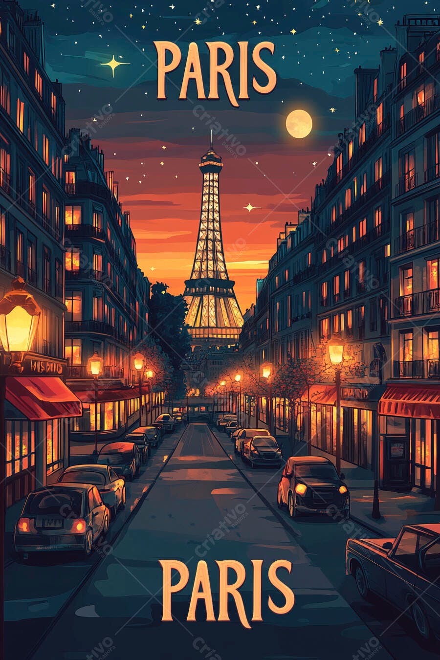 Rua parisiense com Torre Eiffel iluminada ao anoitecer céu laranja e prédios clássicos