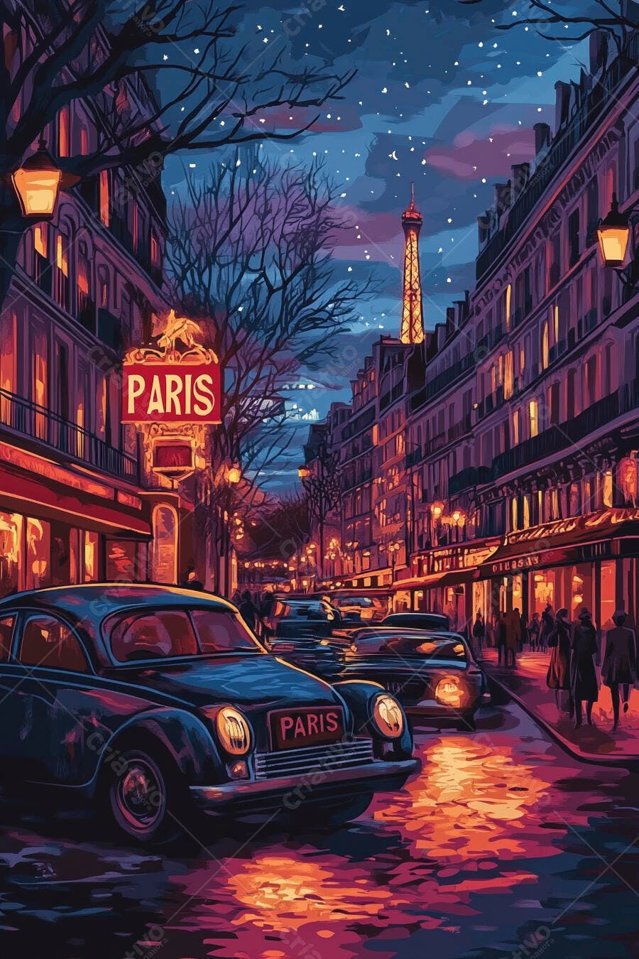 Noite em Paris com rua molhada carros clássicos e luzes quentes da Torre Eiffel