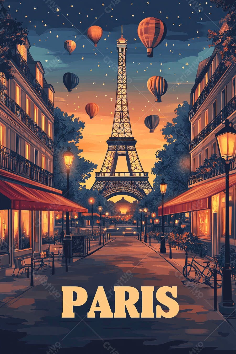 Eiffel Tower e balões coloridos sobre rua parisiense ao entardecer mágico