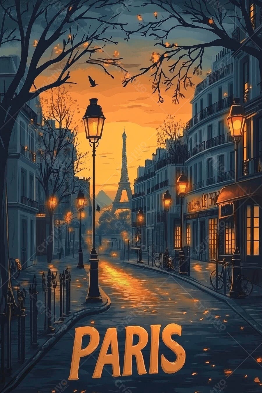 Rua parisiense ao entardecer com Torre Eiffel, postes acesos e letreiro "PARIS"