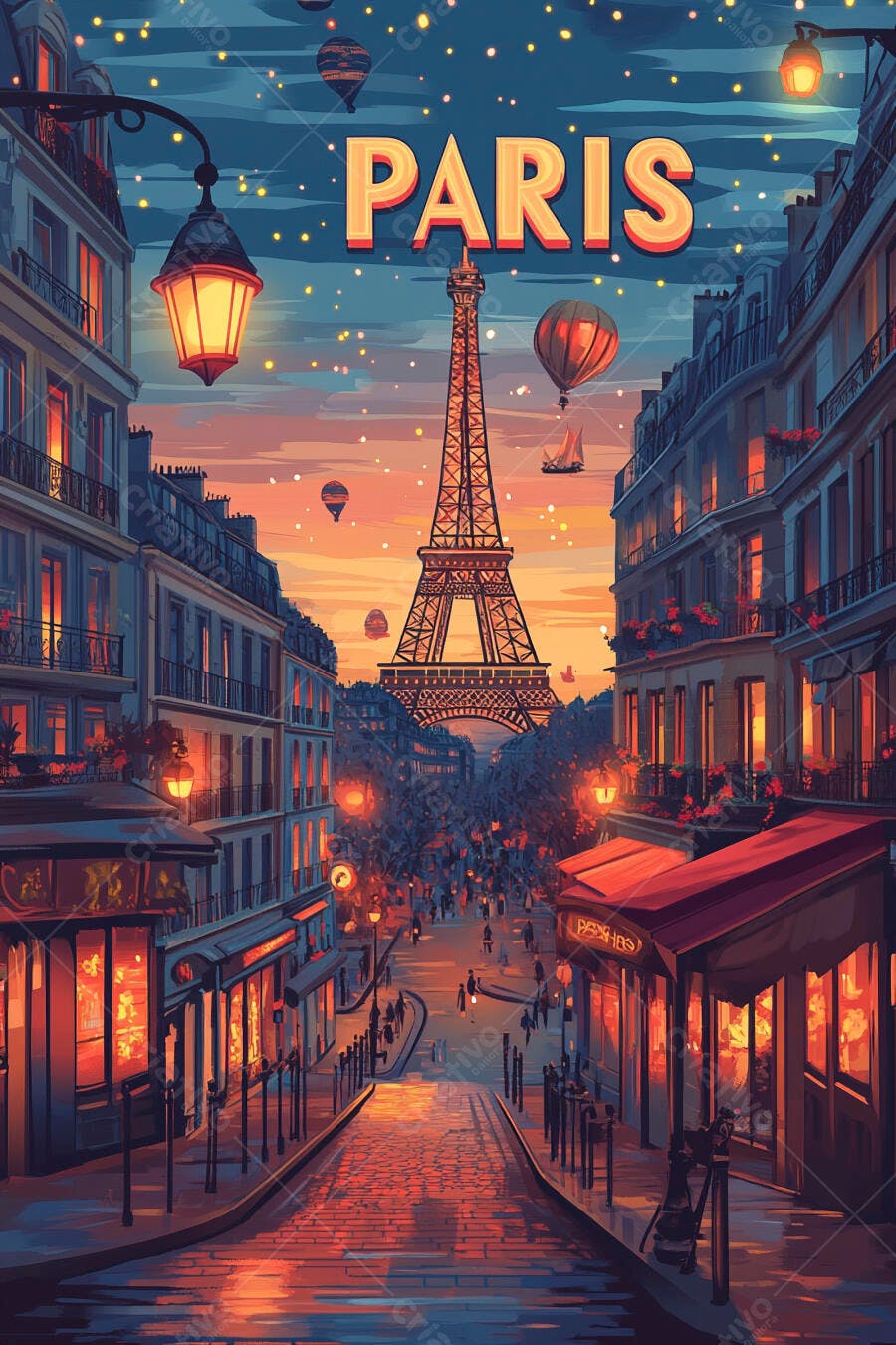 Cidade de Paris ao entardecer vista da rua com Torre Eiffel e balões coloridos