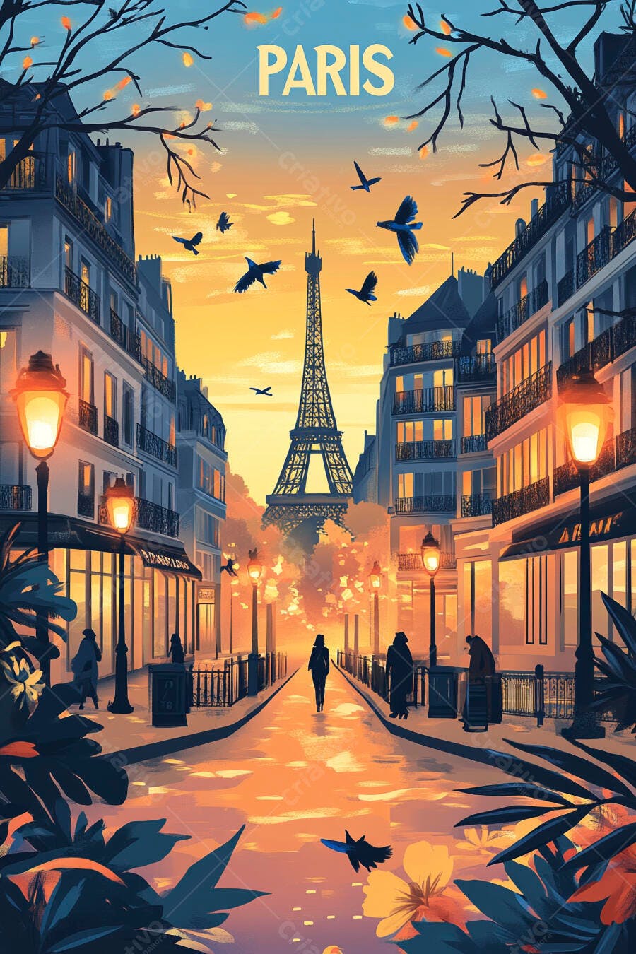 Rua parisiense ao entardecer com Torre Eiffel e pessoas caminhando