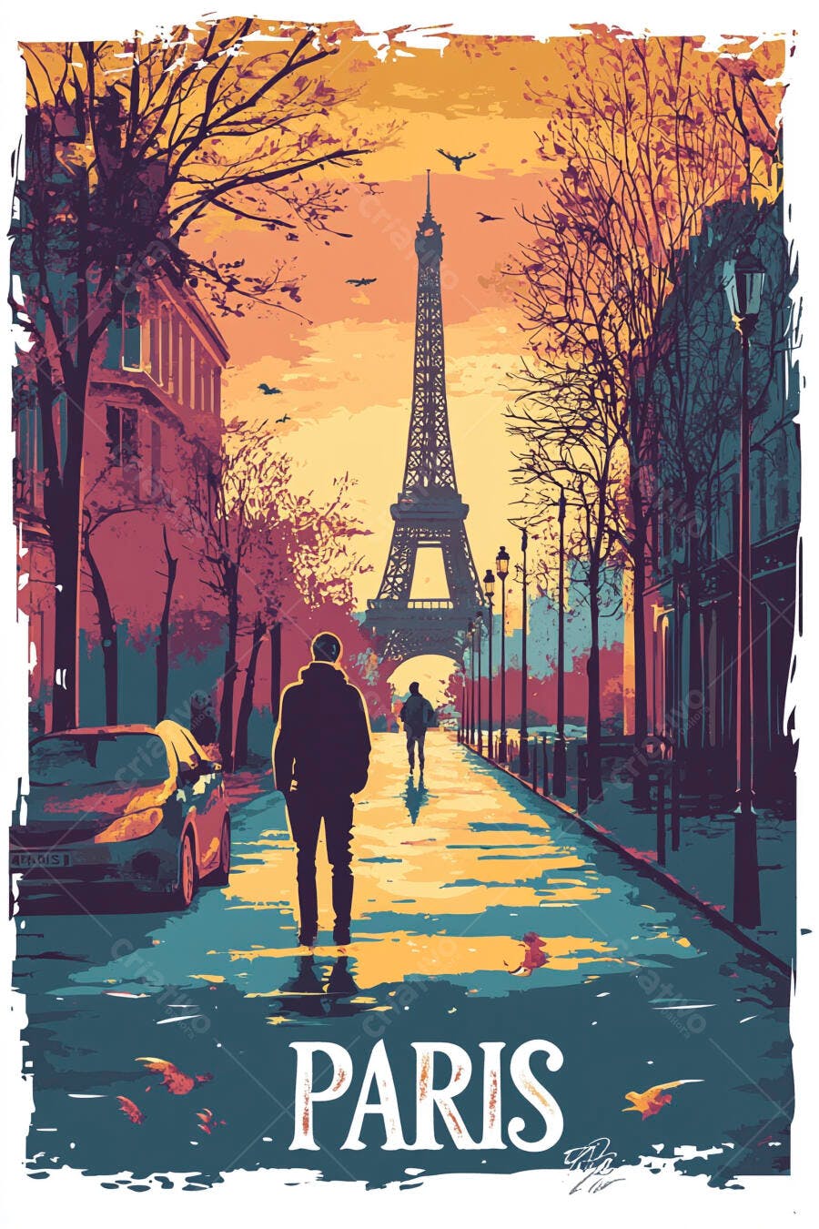 Cena de rua vibrante em Paris com homem caminhando e Torre Eiffel ao entardecer