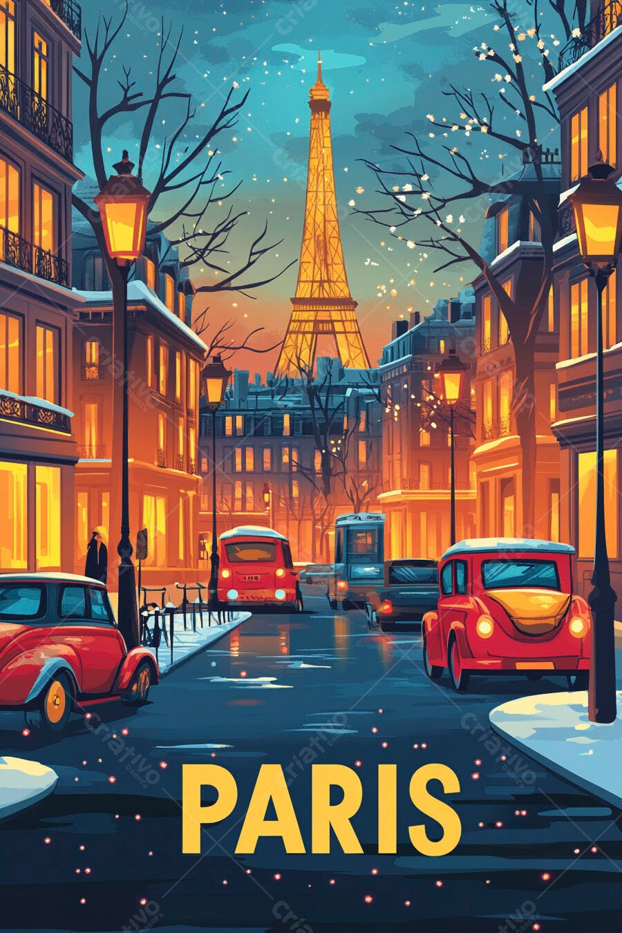 Paris rua noturna com Torre Eiffel iluminada e carros vintage na neve