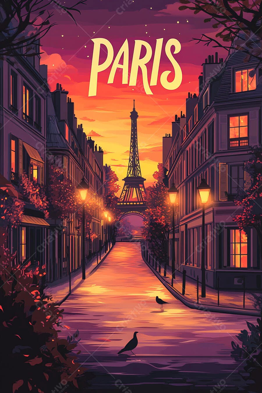 Paris cidade com Torre Eiffel ao pôr do sol na rua histórica com luzes aconchegantes