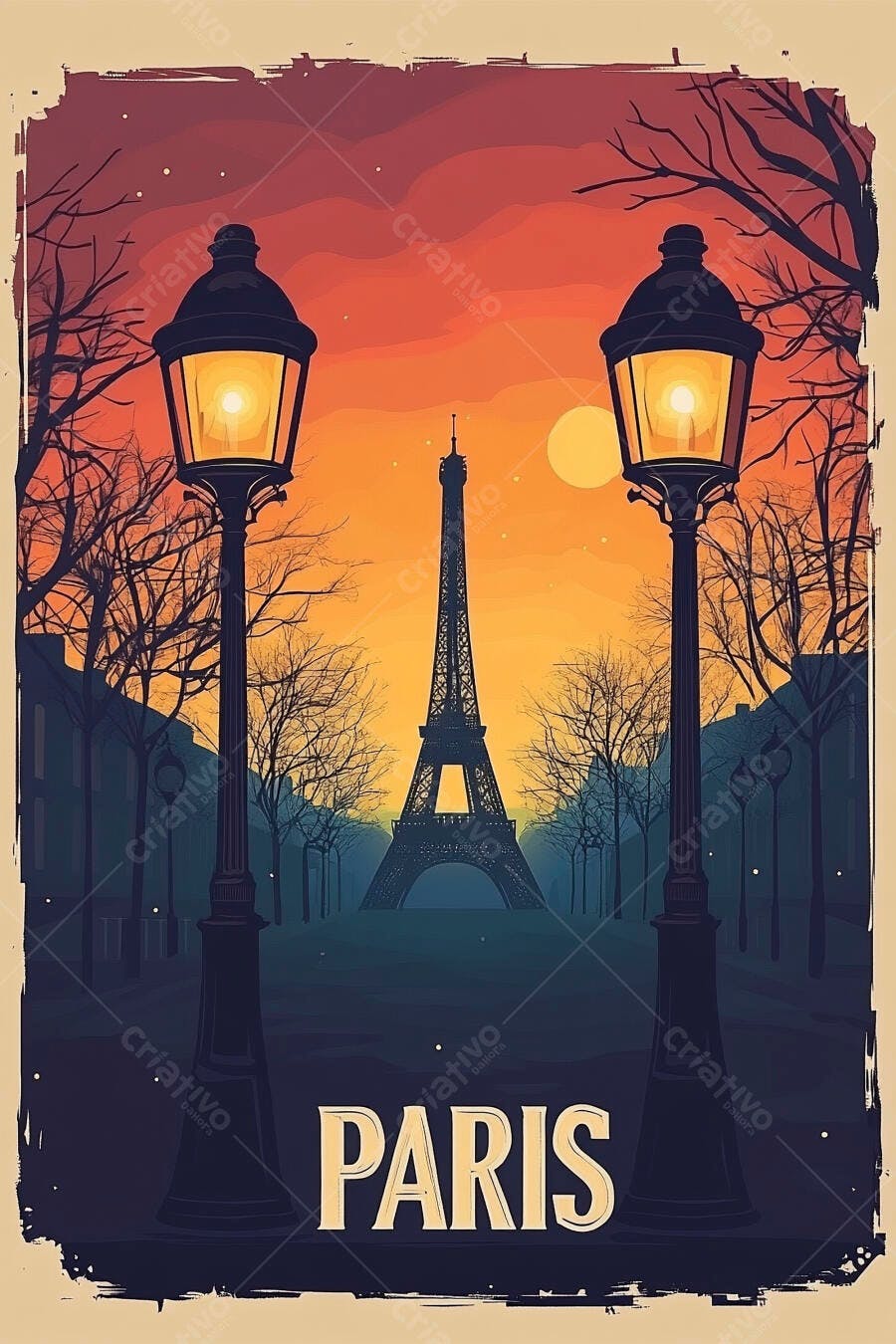 Torre Eiffel em Paris ao pôr do sol com postes de luz iluminados e árvores secas