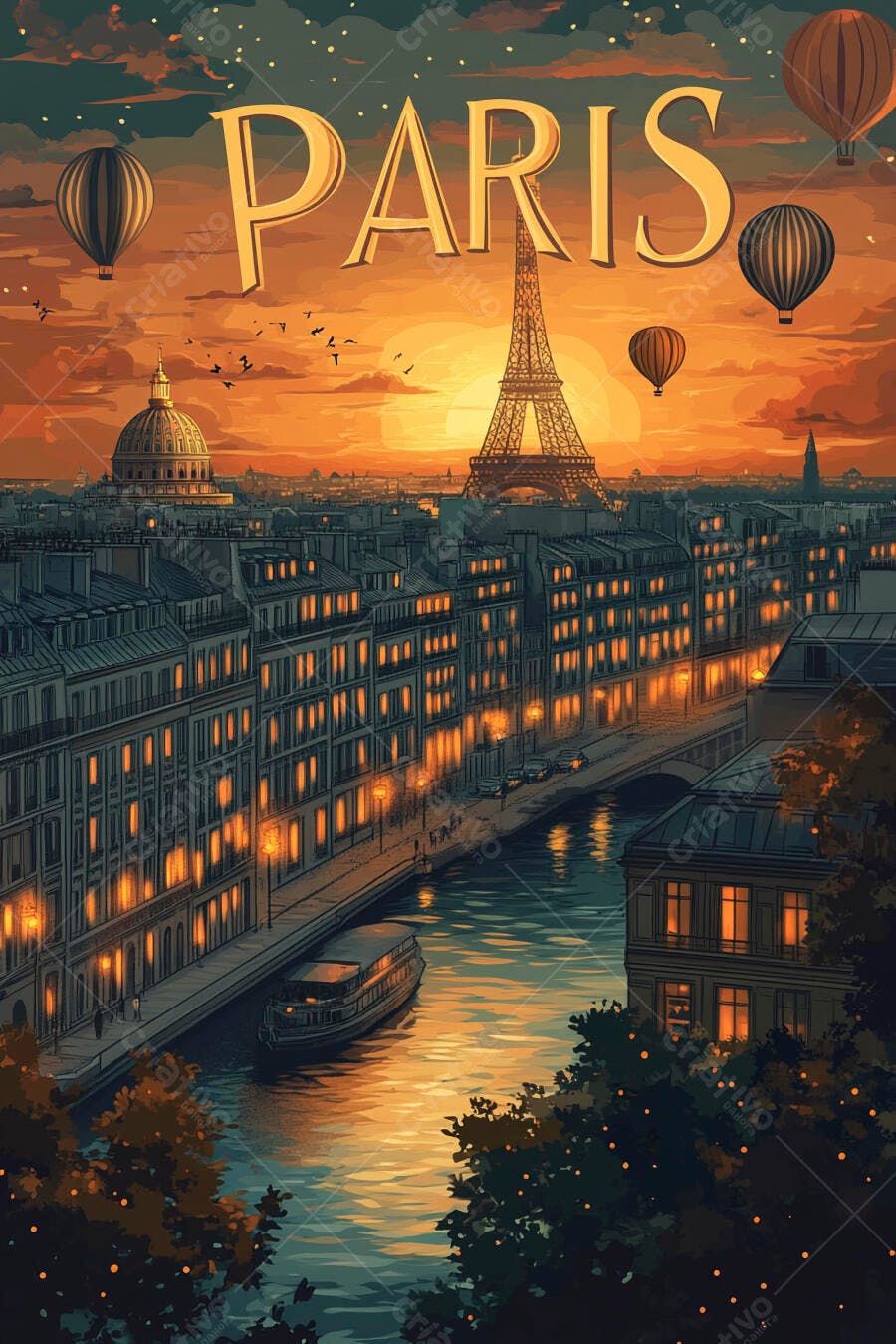 Paris ao pôr do sol com Torre Eiffel e balões coloridos sobre o rio Sena