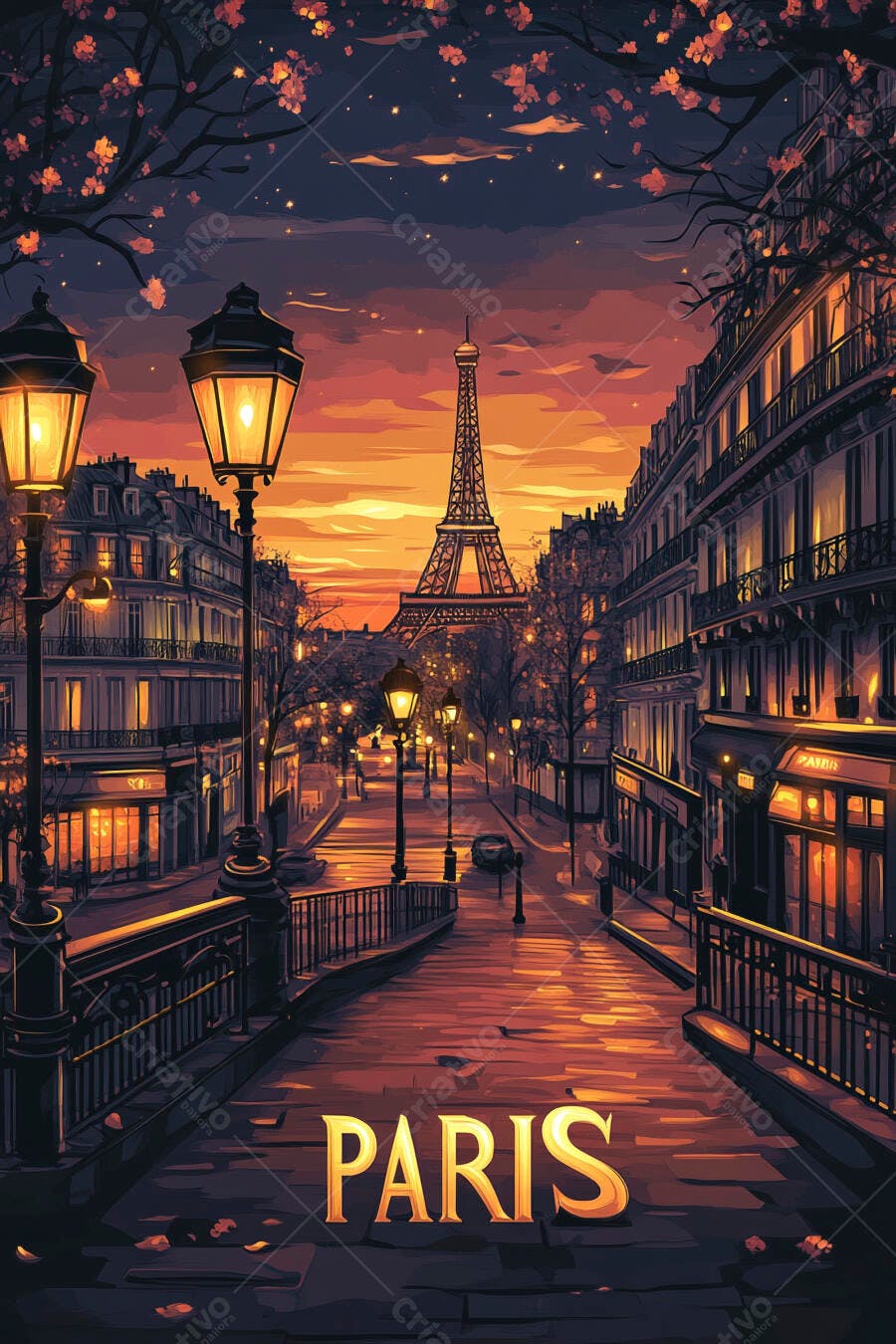 Torre Eiffel ao pôr do sol em rua parisiense com luzes acesas outonal