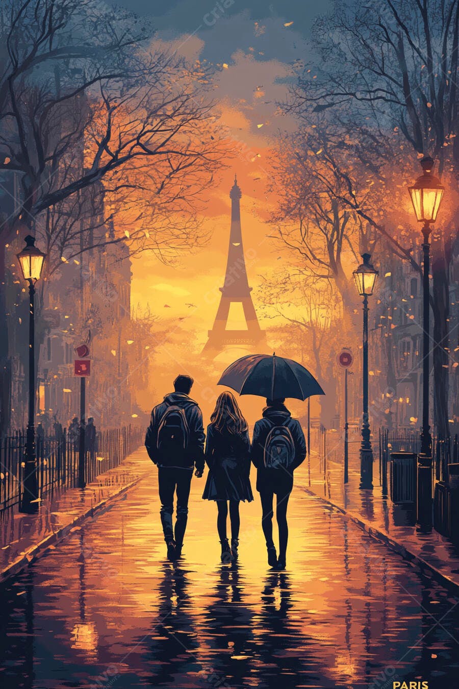 Três pessoas caminhando com guarda-chuva em Paris ao pôr do sol na rua molhada