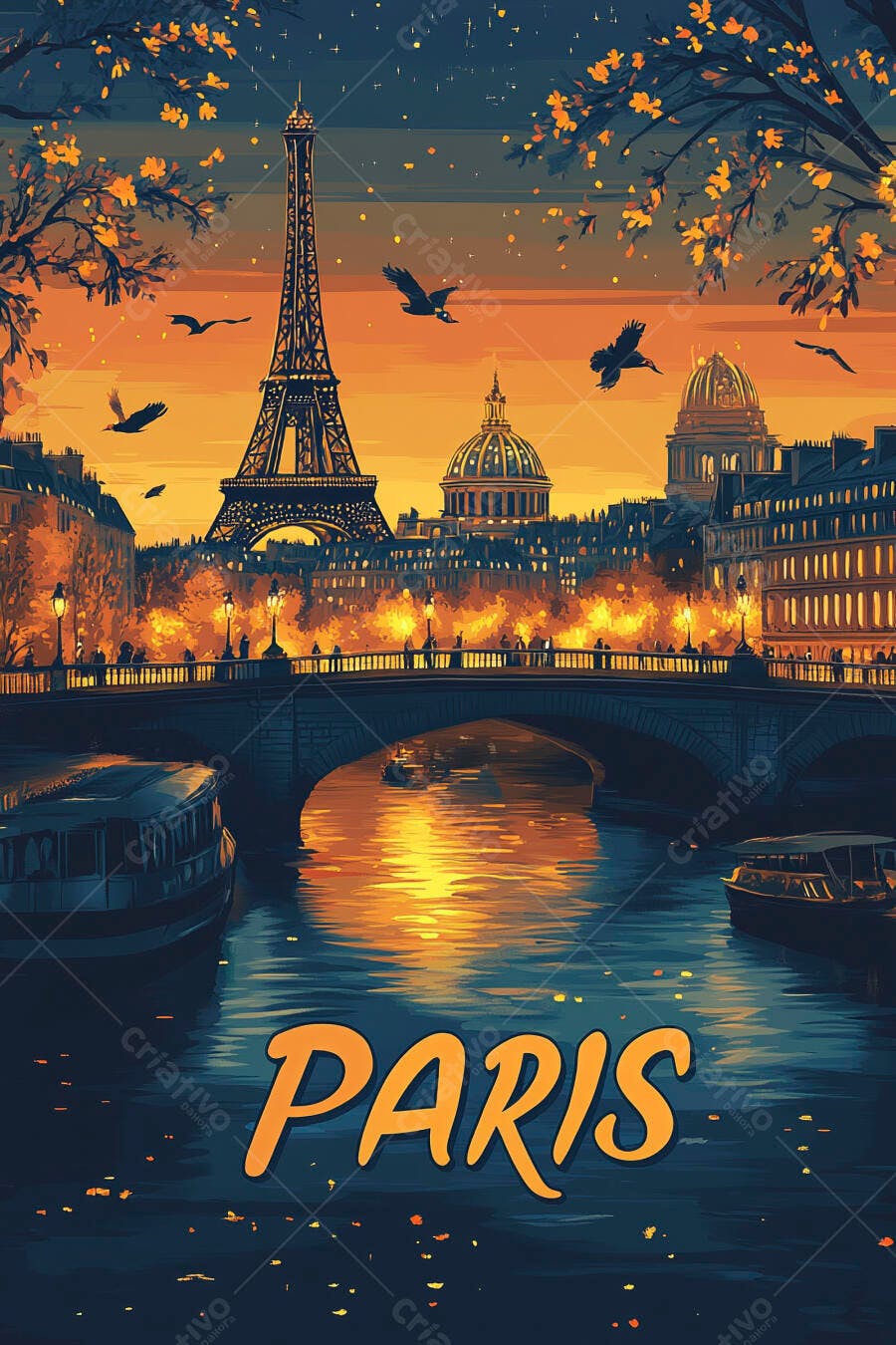Paris pôr do sol rio Sena Torre Eiffel estilo ilustração vibrante