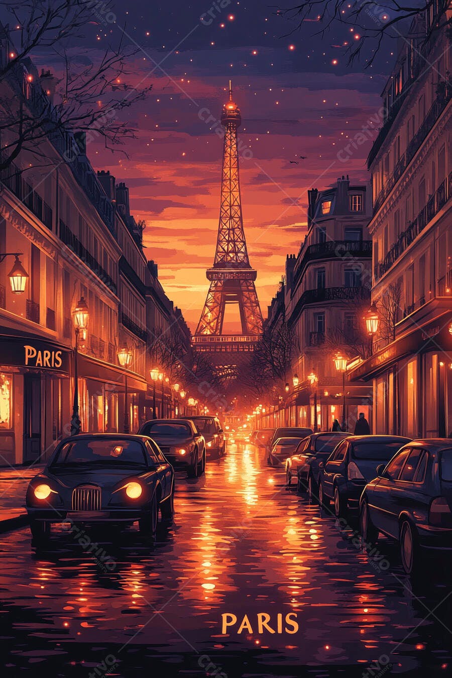 Eiffel Tower em rua parisiense ao entardecer com carros e luzes refletidas