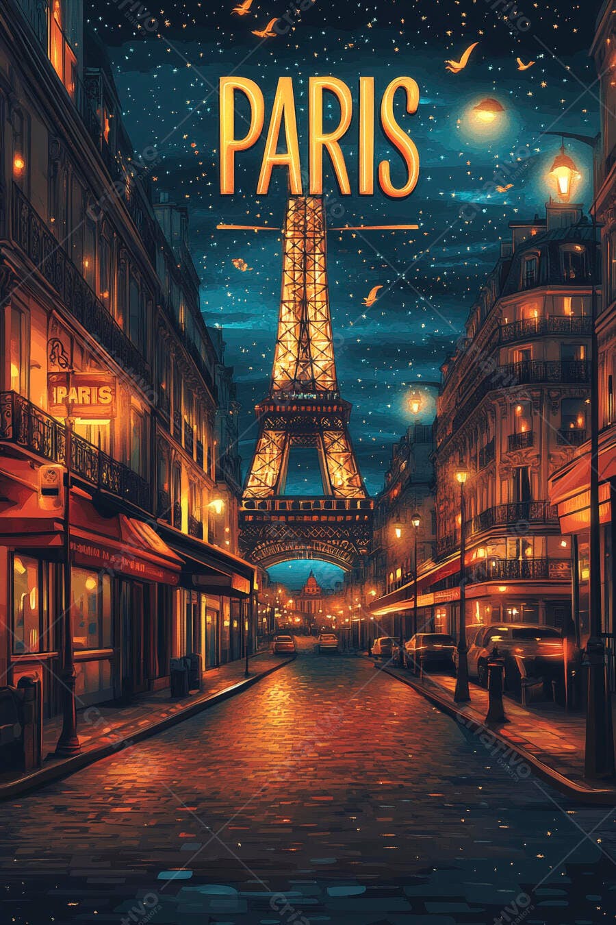 Torre Eiffel iluminada em rua parisiense com céu estrelado e letreiro PARIS