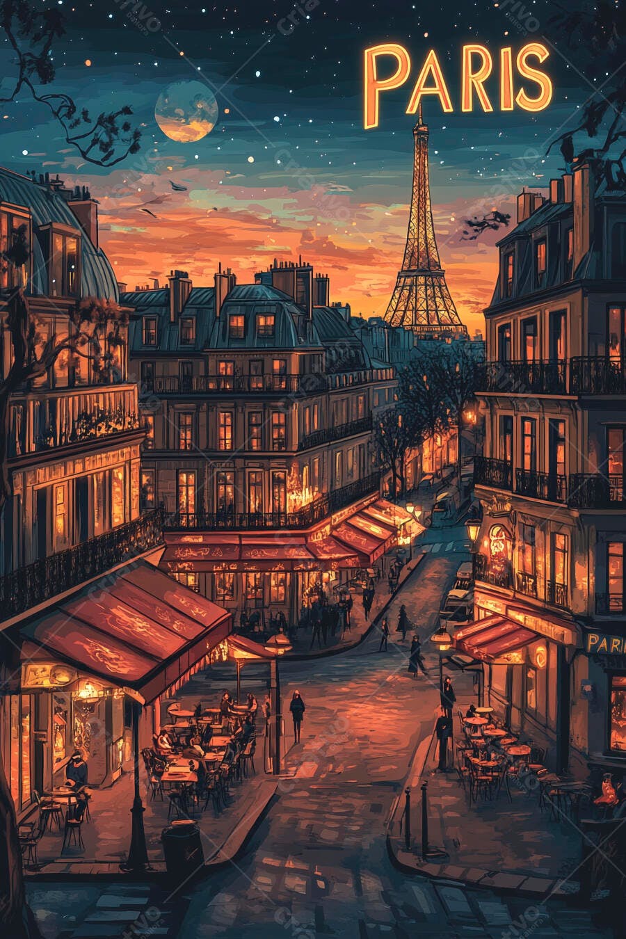 Rua parisiense com Torre Eiffel iluminada ao entardecer e cafés aconchegantes