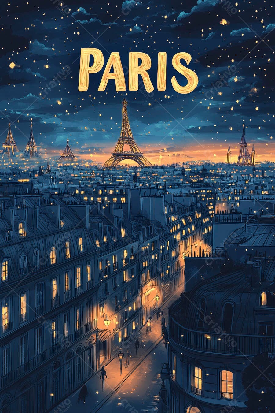 Paris Torre Eiffel anoitecer céu estrelado cidade iluminada com prédios azuis e luzes douradas