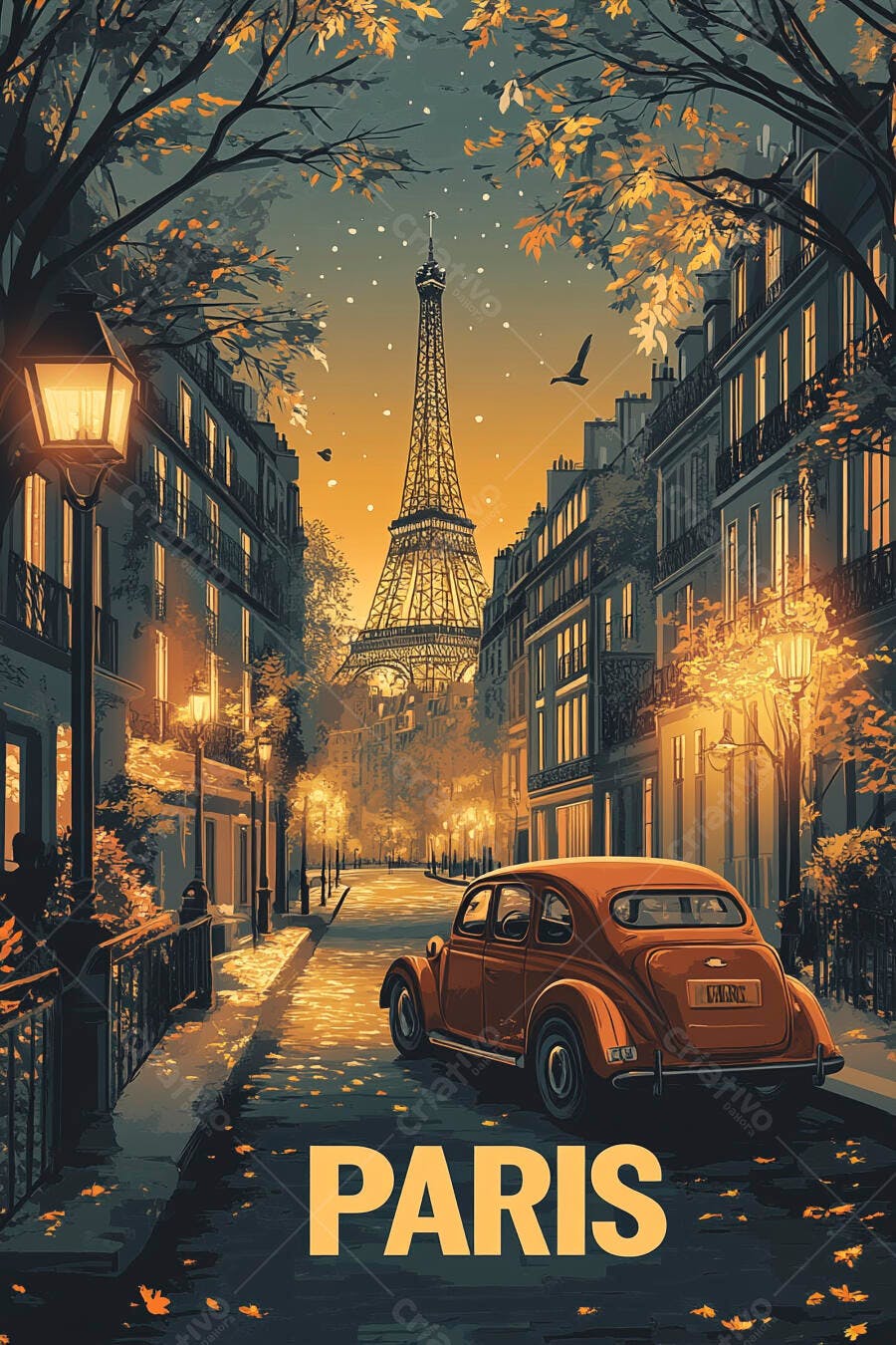 Carro clássico em rua de Paris com Torre Eiffel e folhas de outono