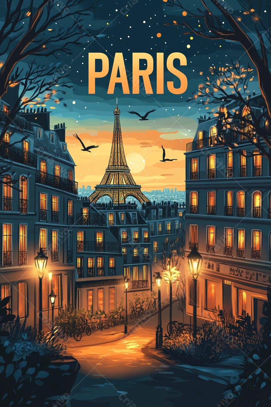 Paris Torre Eiffel e ruas iluminadas ao anoitecer ilustração vibrante