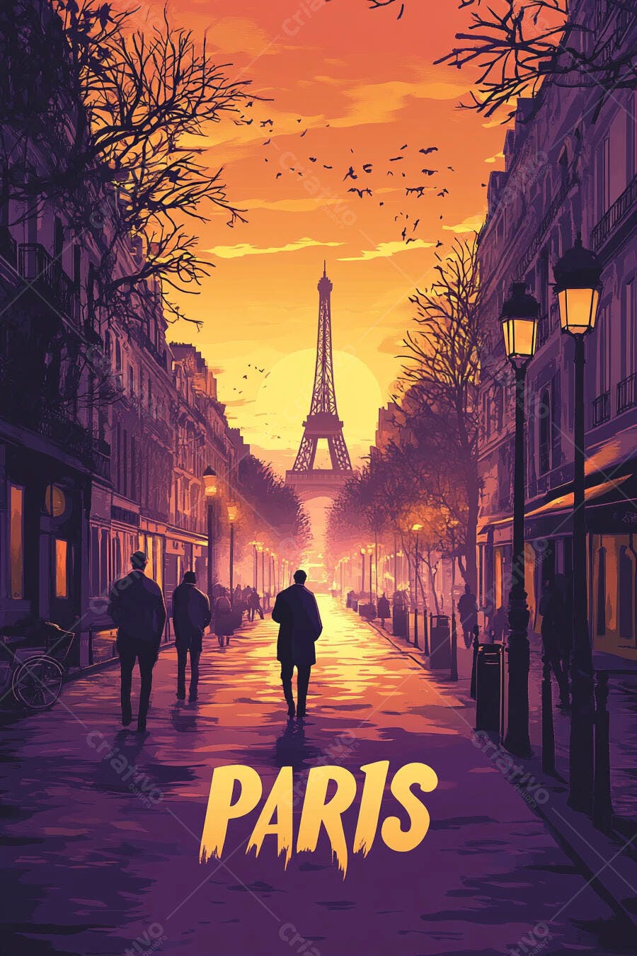 Torre Eiffel em rua parisiense com pôr do sol laranja e roxo