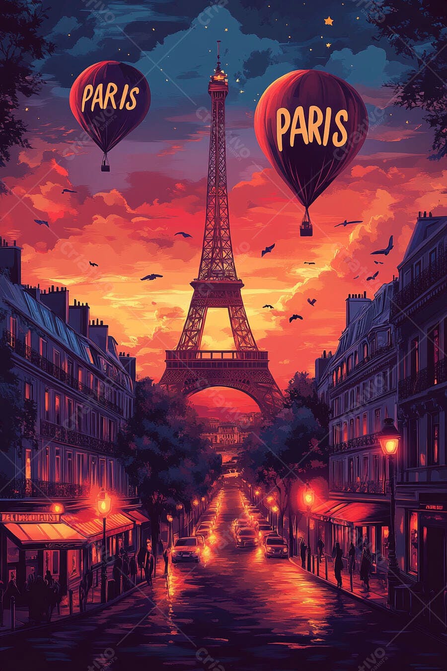 Torre Eiffel em Paris ao pôr do sol com balões coloridos e rua movimentada