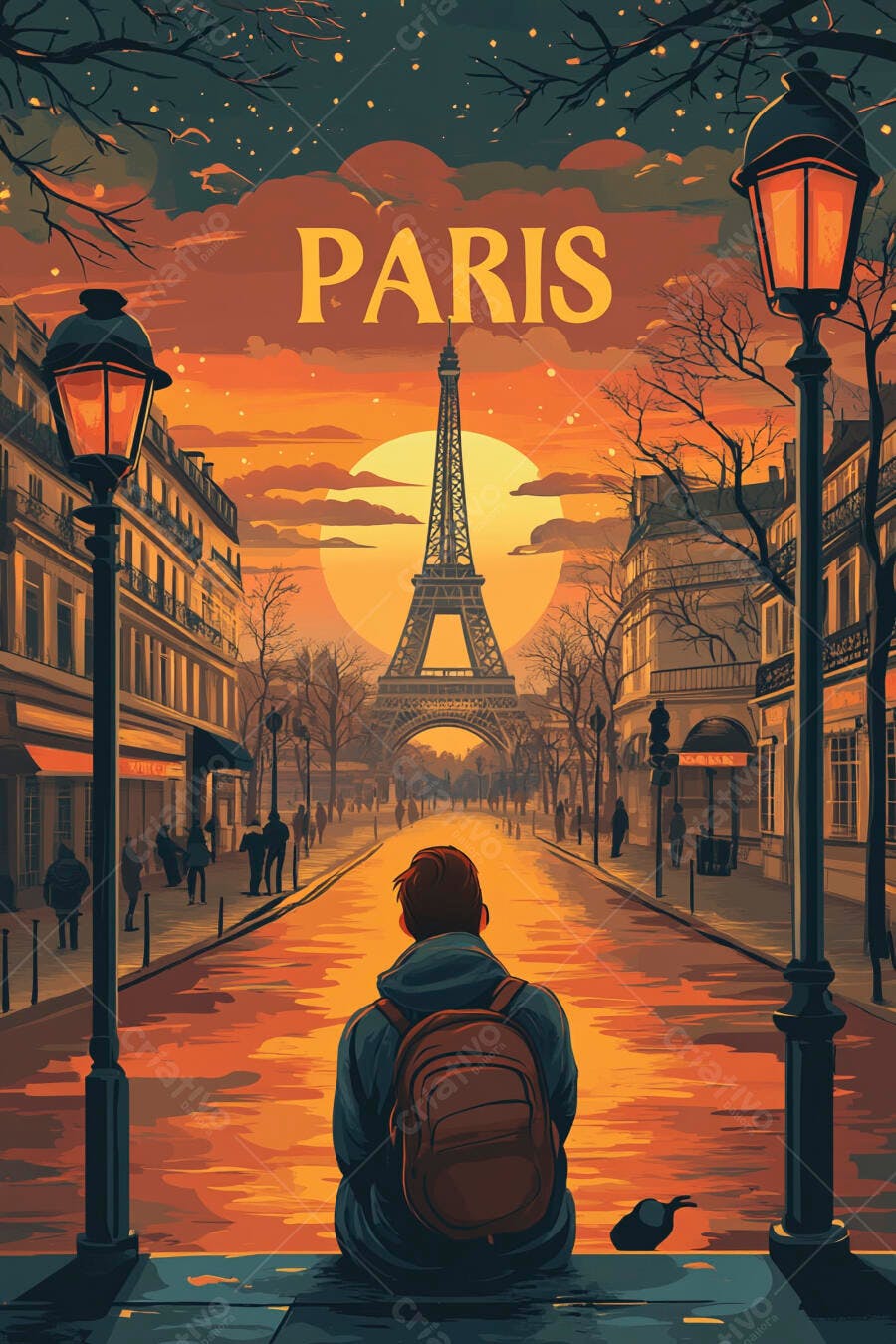 Homem viajante observando a Torre Eiffel ao pôr do sol em Paris