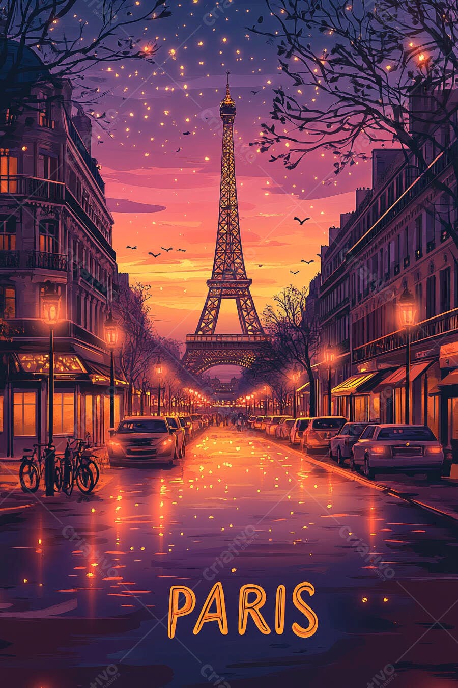 Rua de Paris com Torre Eiffel ao entardecer céu roxo laranja e luzes douradas