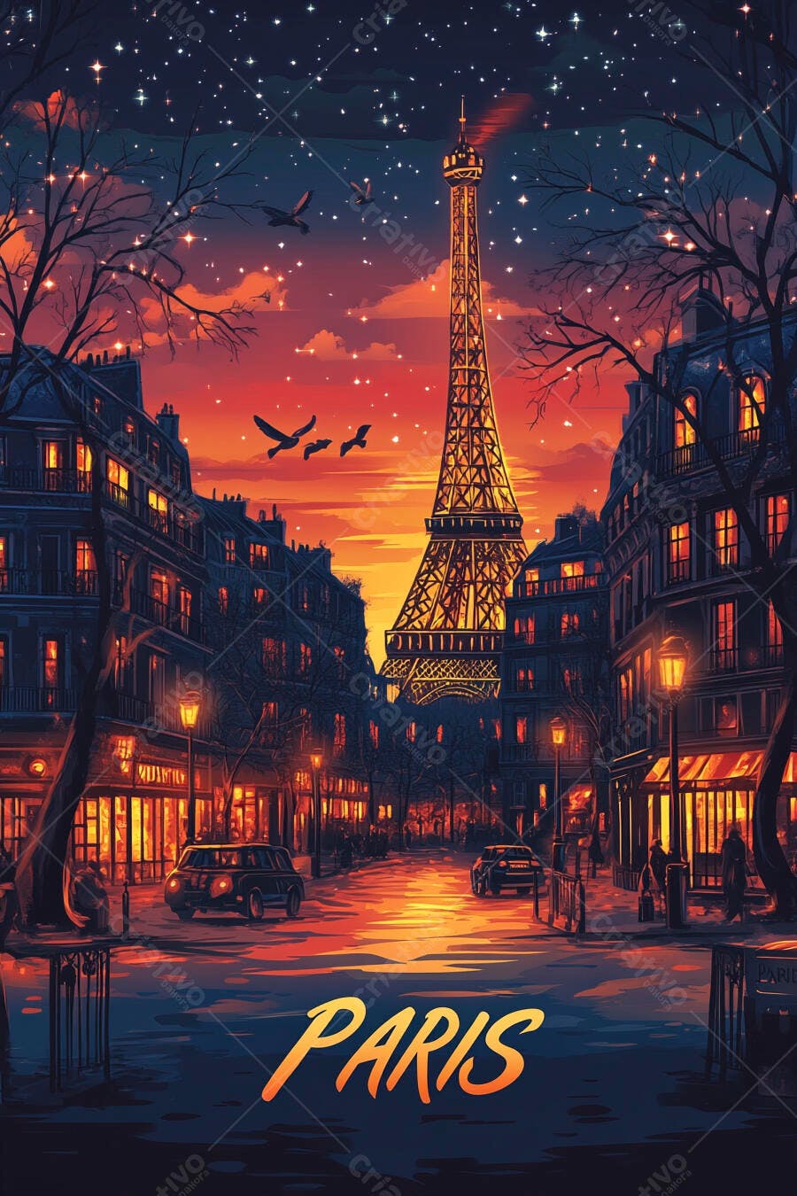 Torre Eiffel em Paris ao pôr do sol com rua noturna iluminada