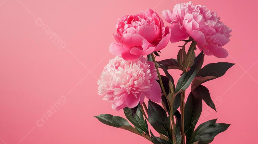 Peônias rosas exuberantes com folhas verdes em fundo rosa vibrante