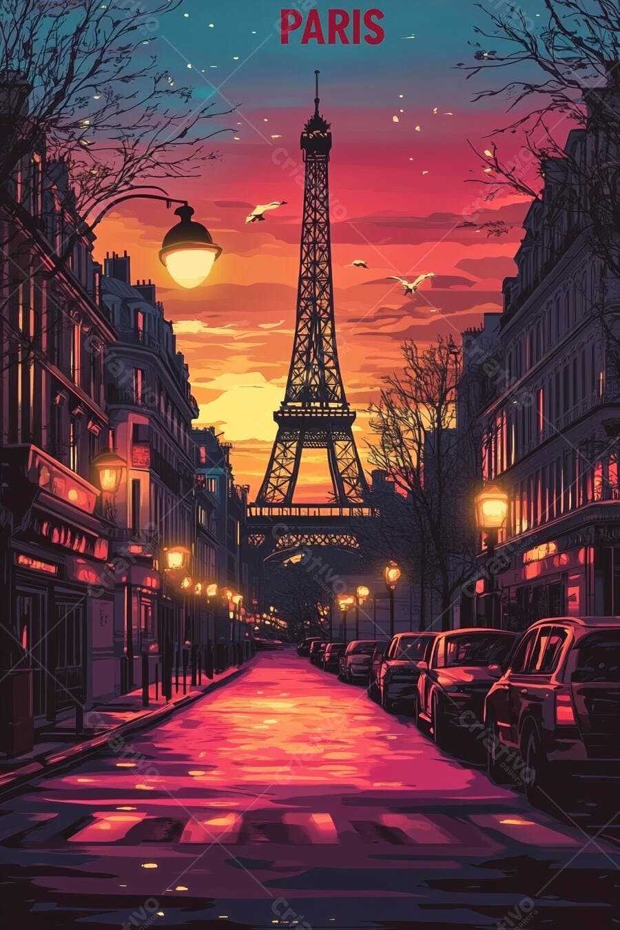 Torre Eiffel em Paris ao pôr do sol rua iluminada com reflexos coloridos